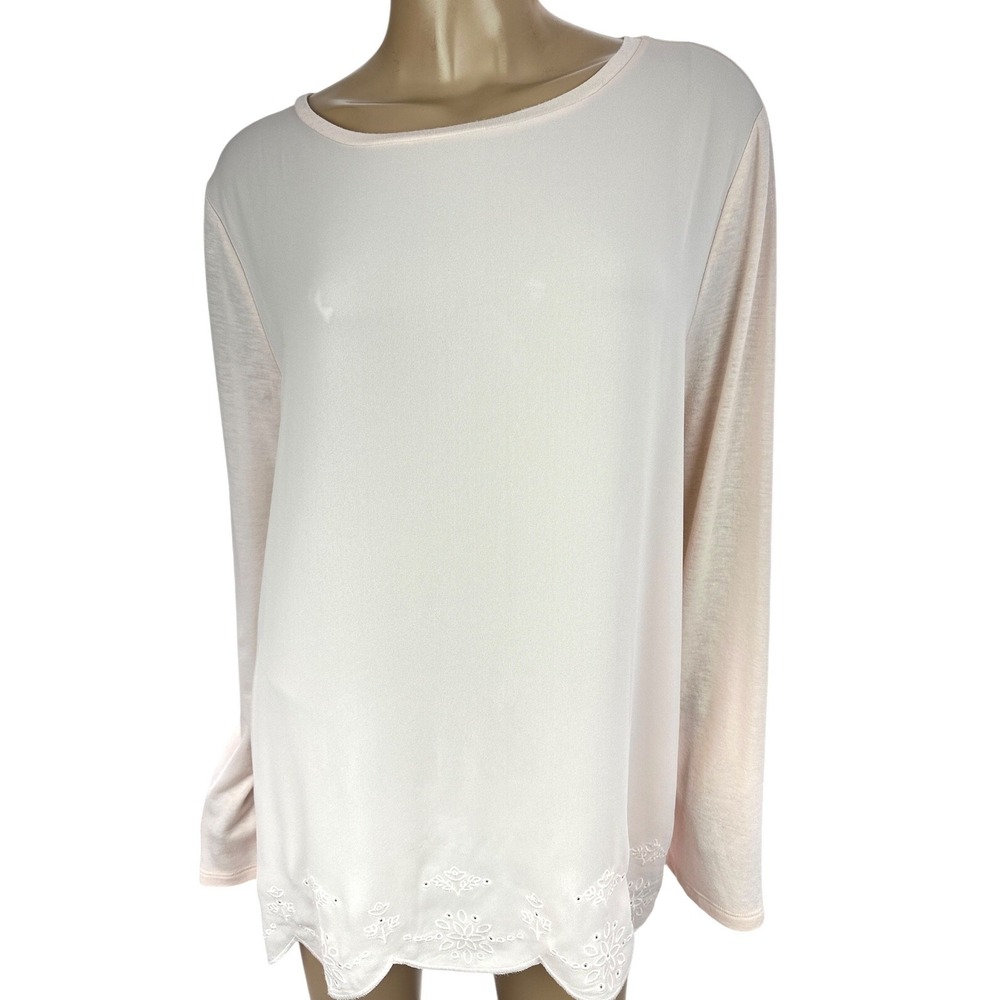 Loft Light Pink Top Blouse Long Sleeves Embroidery at Scalloped Hem Size XL